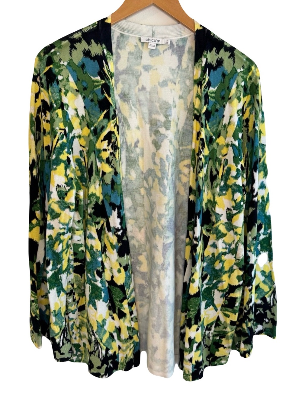 Chico's Green Yellow & Black Abstract Open Cardigan Sweater XXL